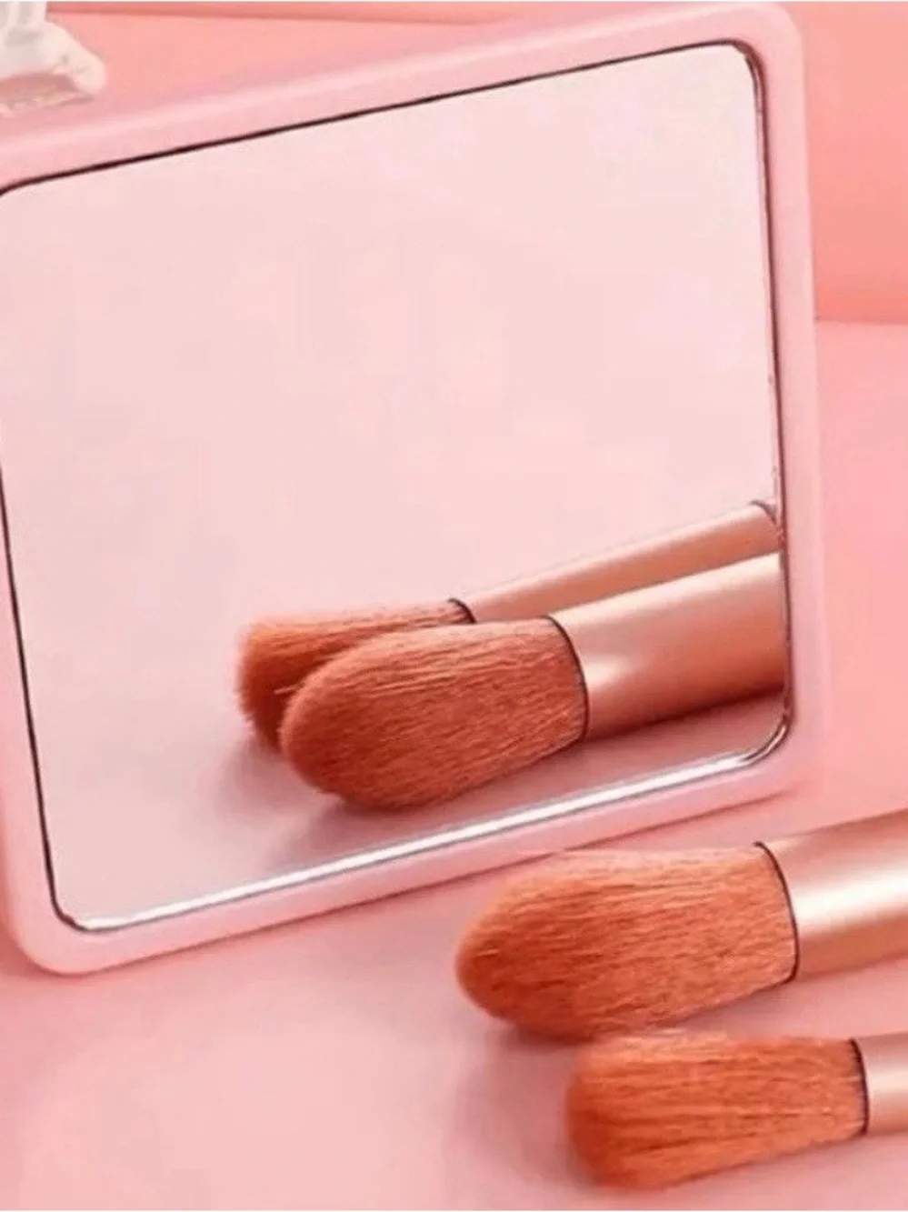 Pink Handheld Makeup Mirror & 8pc Travel Brush Set Case Cute Beauty Gift Bundle